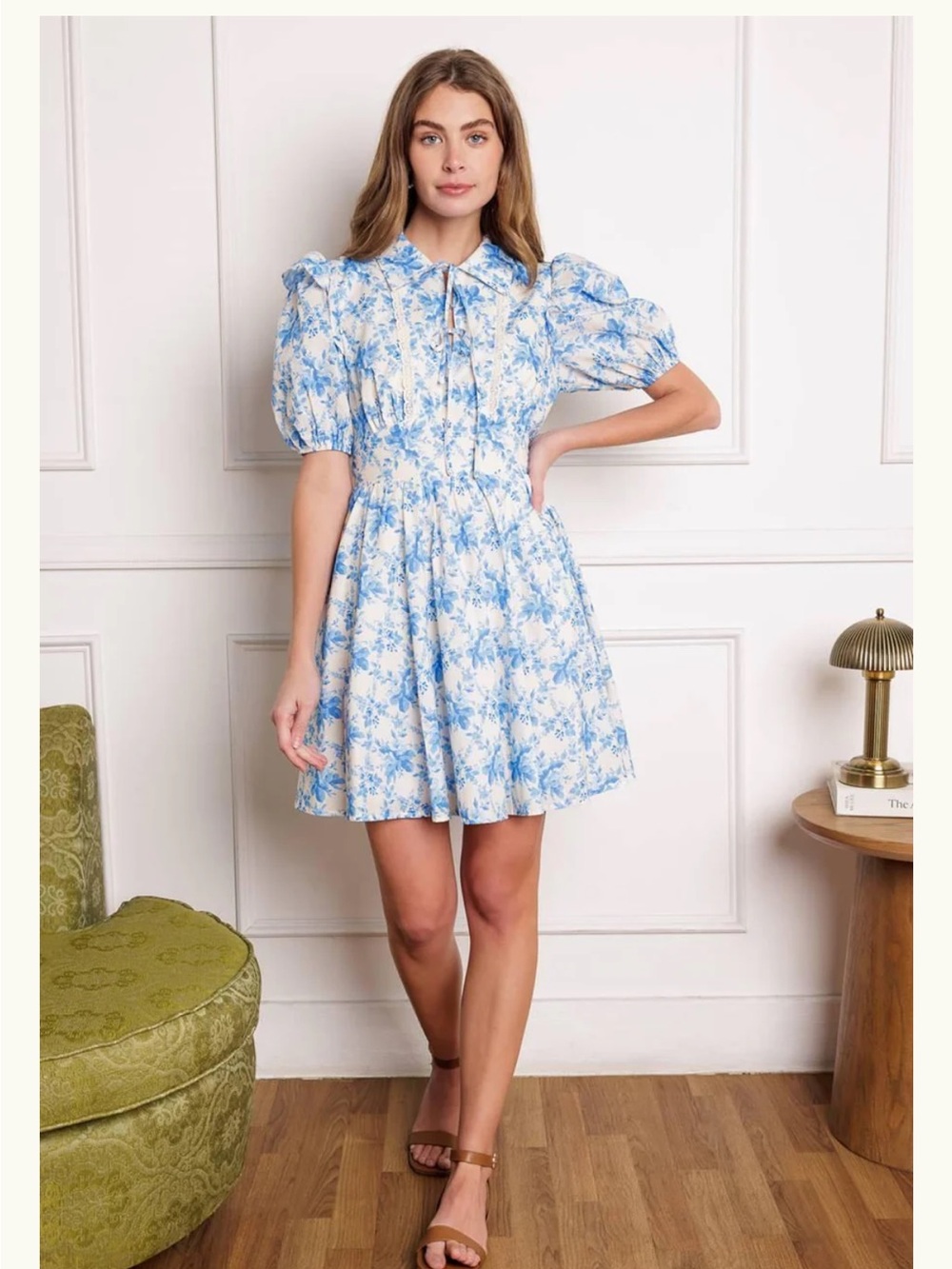 Flying Tomato Blue Floral Dress Collared Puff Sleeve Cottagecore Mini Size M